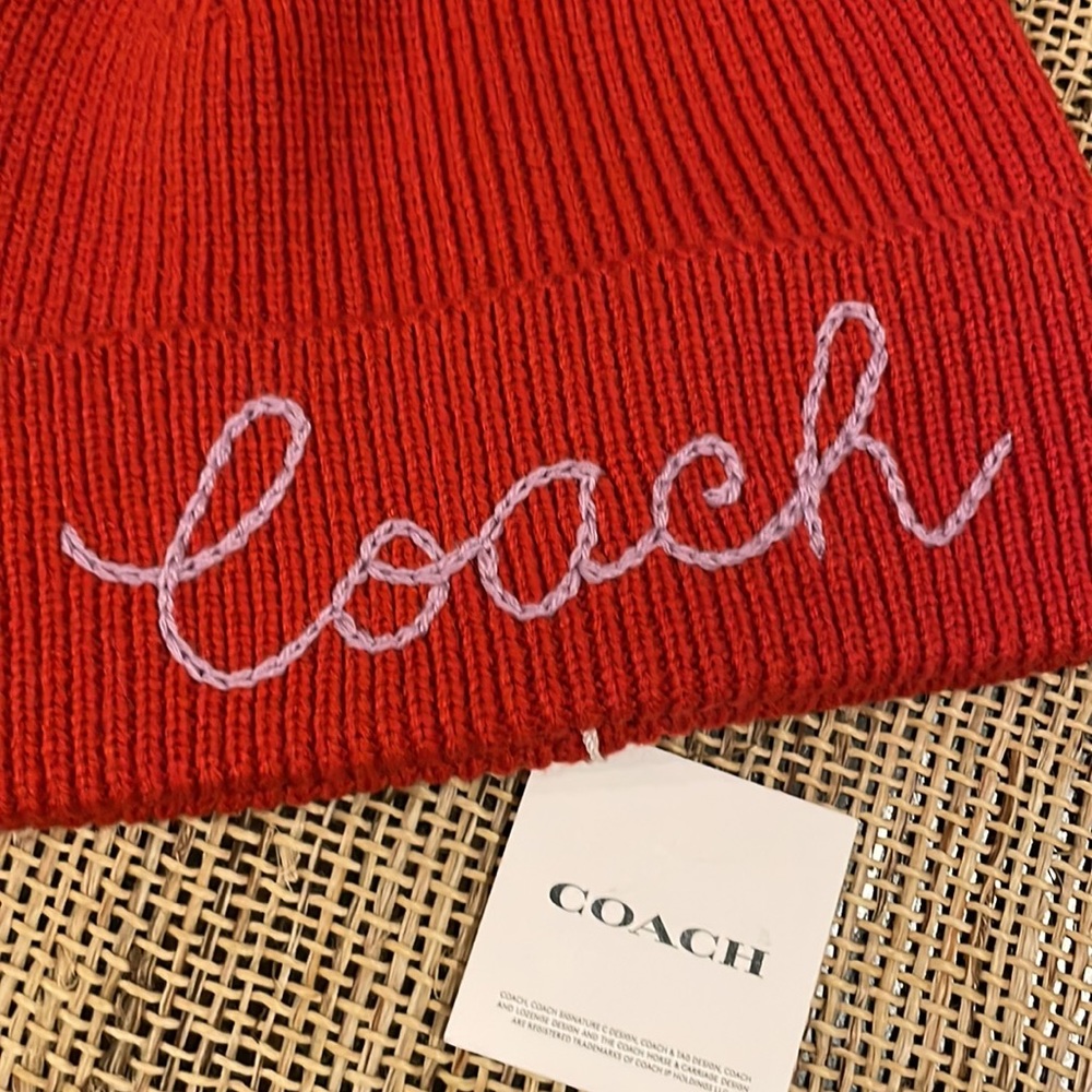 COACH Script Logo Pom Pom Beanie, NWT - Picture 7 of 8